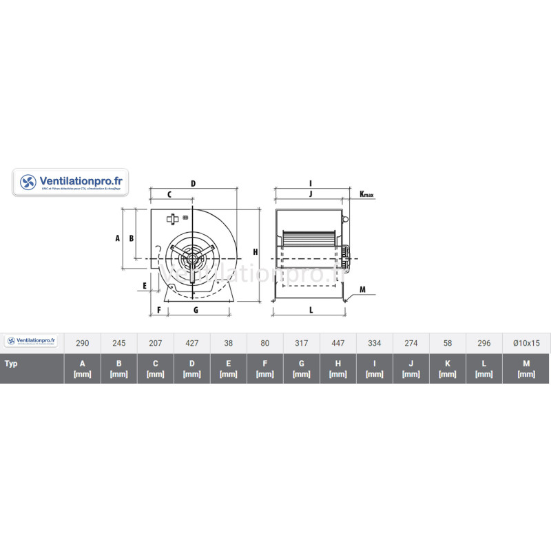 dimensions du Moto-ventilateur TMD10/8 - 550W- 3 vitesses -230v