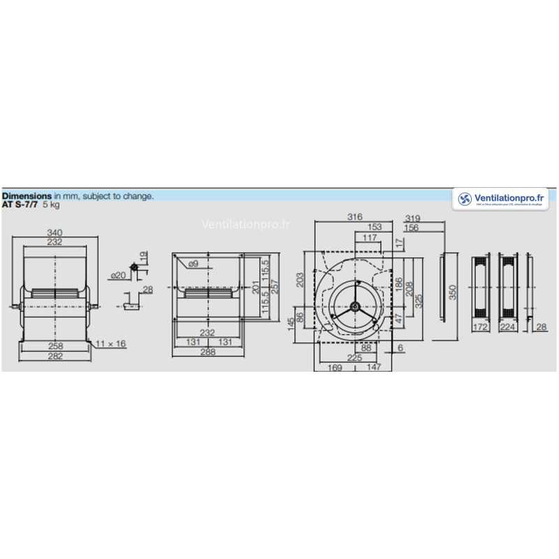 dimensions Ventilateur seul AT 7/7 -S20 Nicotra -arbre 20 mm avec méplat