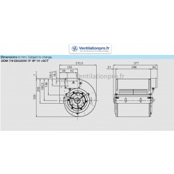 DIMENSIONS Moteur ventilateur PREMIUM 2600m3/h DDM 7/9 300w 230v -Nicotra -  ref:E6G3304- Compatible Restauration