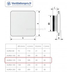 dimensions bouche d'extraction design pour VMC aurea