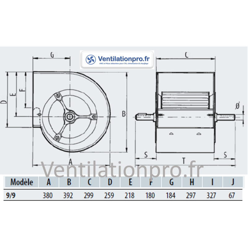 dimensions ventilateur seul DA 9/9 NT Chaysol Vim